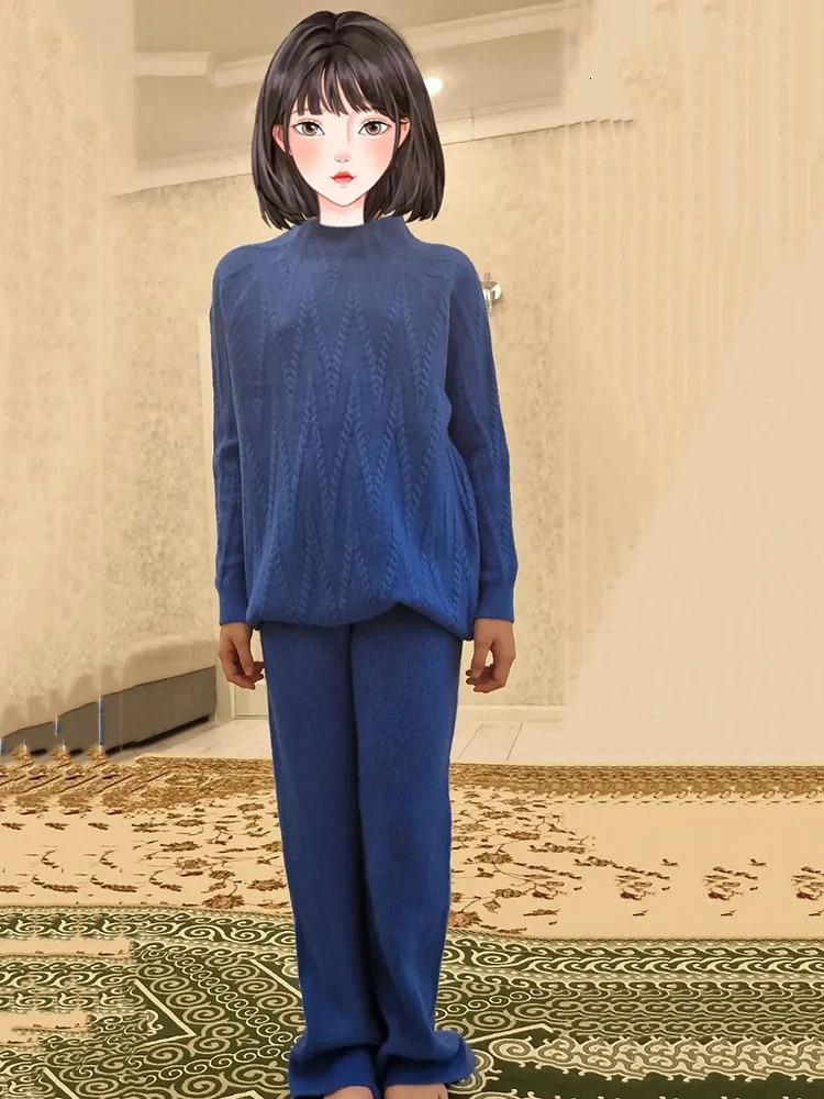 Fall Spring Knit 2 Piece Sets Half Turtleneck Sweater Tops Outfit Knitted Wide Leg Pants Trajes Knitwears Pullovers Tracksuits 240712