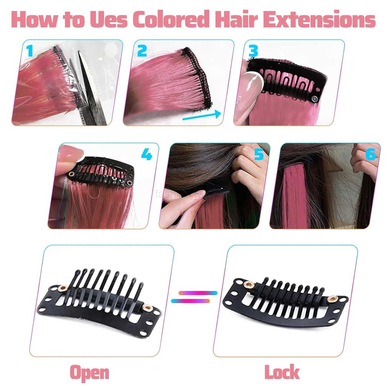 (5 pieces) Synthetic Black Friday 22 inch Colorful Pink Hair Party Highlights Childrens Girls Straight Hair ClipX240719