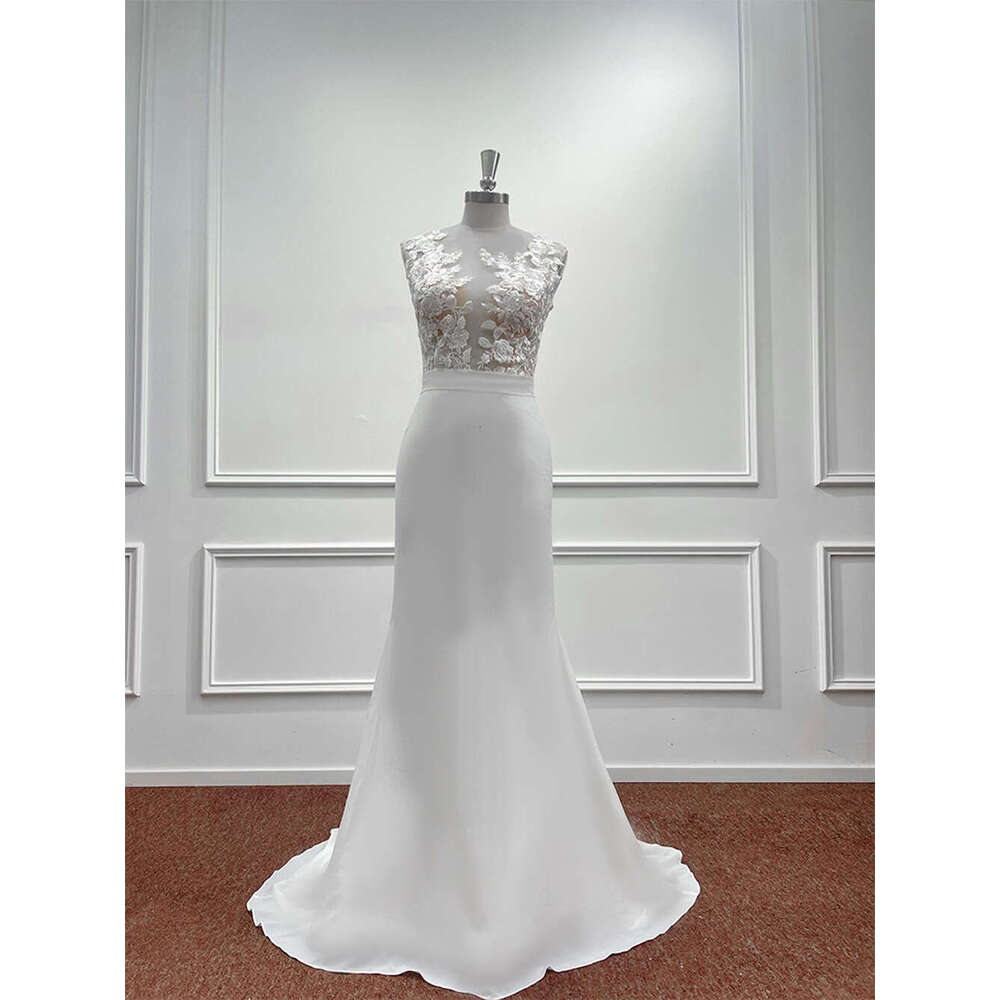 Mermaid Satin Appliques Wedding Dresses For Women Simple Lace Embroidery O Neck Illusion Sleeveless Bridal Gown Vestido De Novia