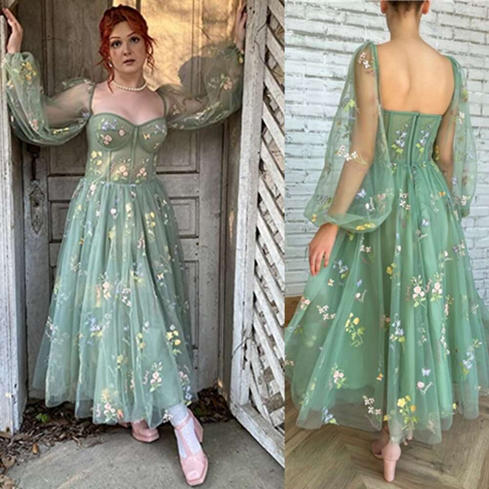 2 Styles Women's Puffy Sleeve Prom Dresses Fair Flower Embroidery Tulle Tea Length Lace Formal Evening Party Bridesmaid Gowns