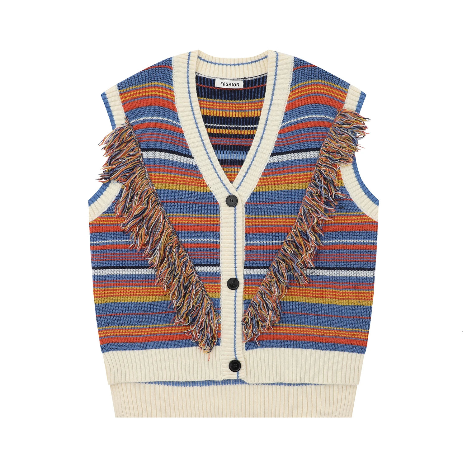 Baggy Tassels Striped Knitted Vest Harajuku Fashionable Casual Raw Edge Patchwork Sleeveless Knitwears Top Oversize Sweaters Y2k 240712