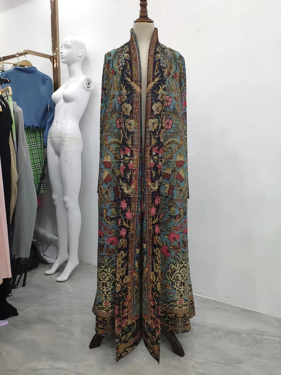 Miyake Pleated Vintage Printed Turndown Collar Long Sleeve Dress Women Dubai Style Plus Size Coats 240712
