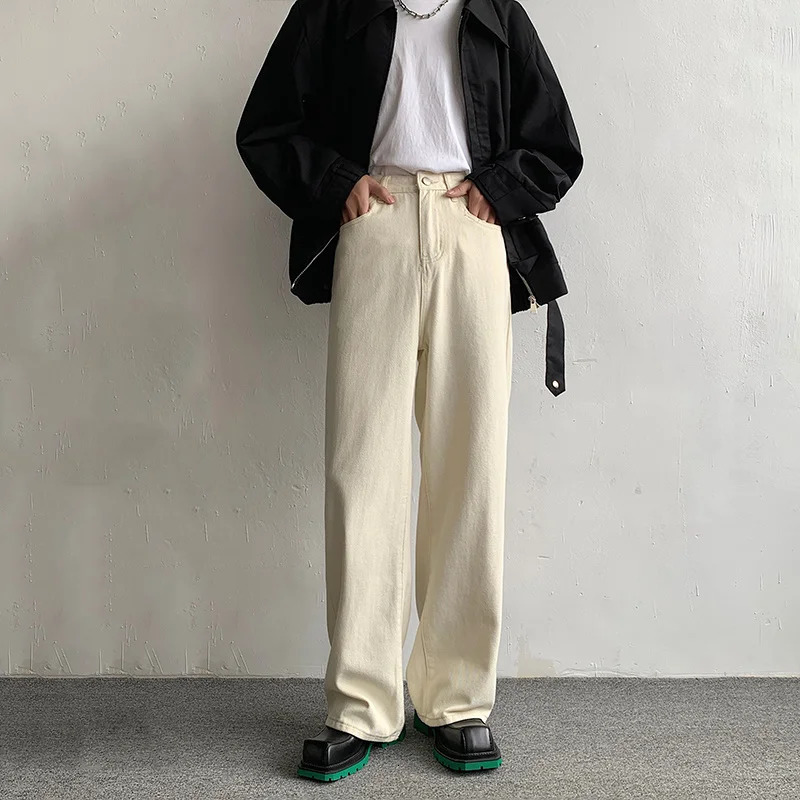 Baggy Beige Jeans Men Fashion Casual Oversized Wide Leg Jeans Men Streetwear Korean Loose Straight Denim Pants Mens Trousers 240712