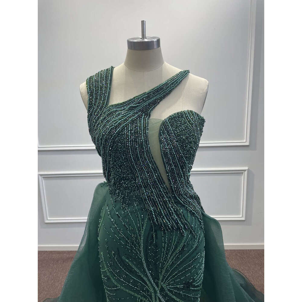 Beading Pearls Tulle Evening Dresses One Shoulder Sequined Dark Green Mermaid Arabic Formal Party Prom Gowns Vestidos