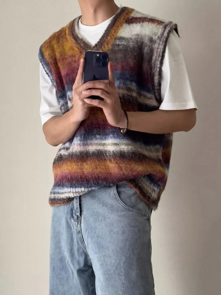 Man Clothes Tie Dye Vest Fleeced Knitted Sweaters for Men Striped Waistcoat Green Sleeveless V Neck Thick Winter Aesthetic Meme 240712