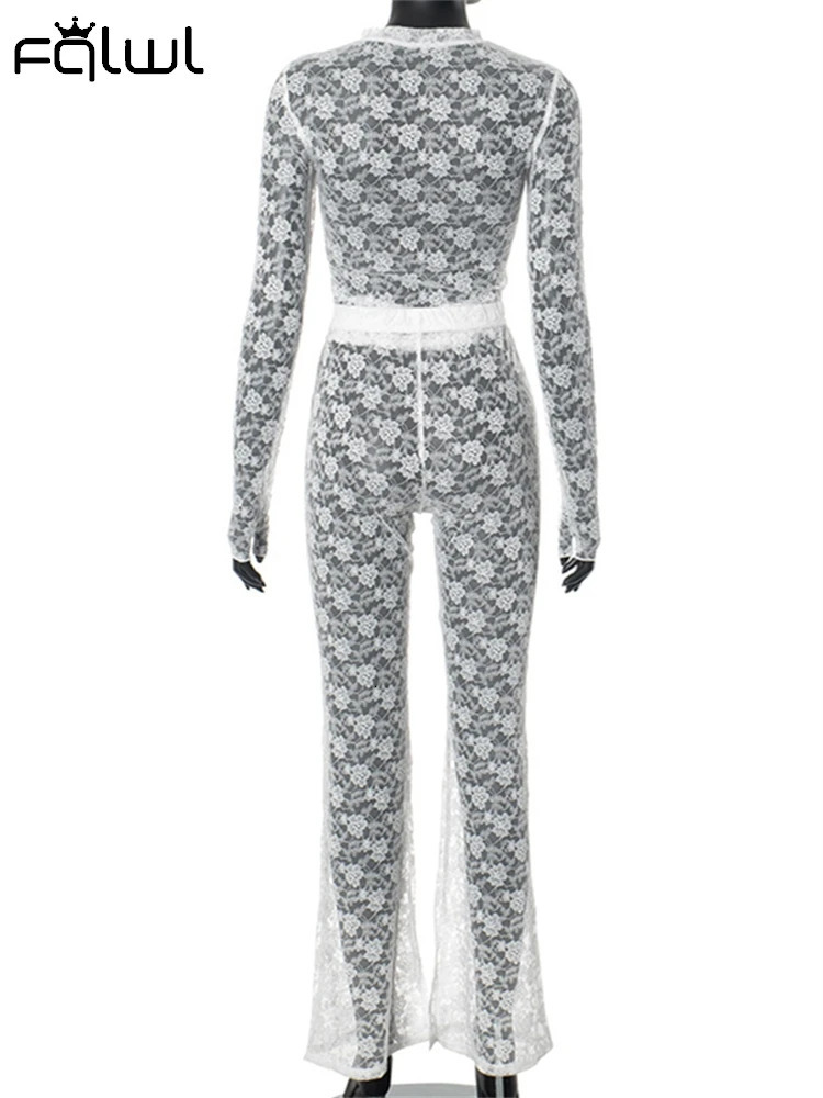 Habbris Autumn White Lace Sexy 2 Piece Sets Birthday Party For Women Long Sleeve Coquette See Through Crop Tops Pants Set 240712