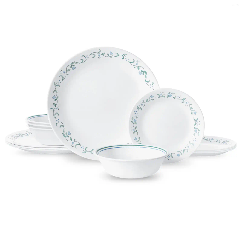 Plates Corelle Country Cottage White And Green Round 12-Piece Dinnerware Set