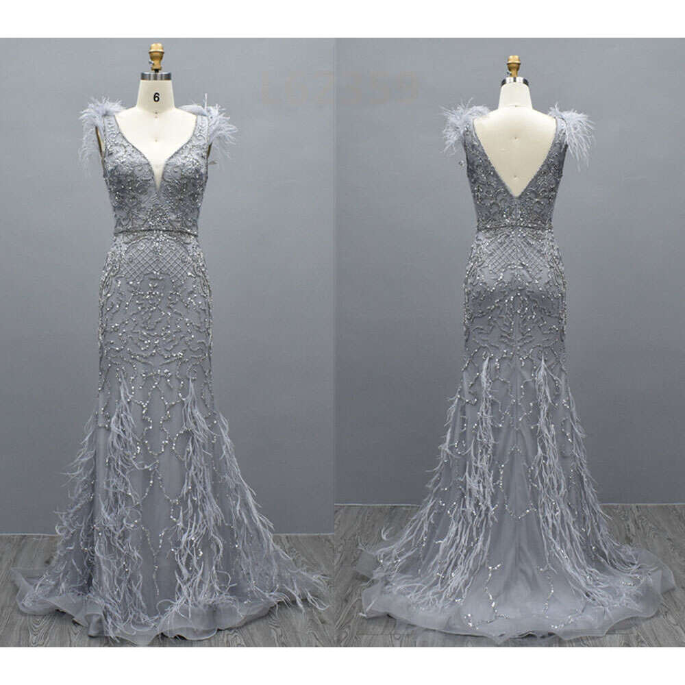 Mermaid Feathers Crystal Evening Dresses Women 2024 Dubai Beading V Neck Elegant Formal Party Prom Gowns Vestidos De Gala