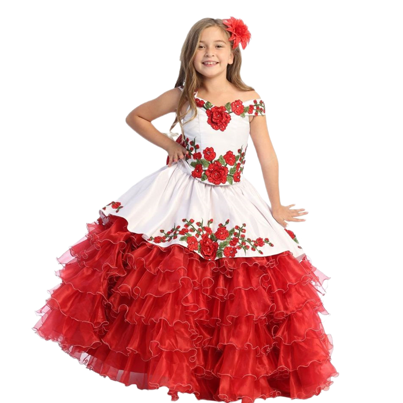 White And Red Flower Girls Dresses With Bow Back Embroidery Floral Lace Delicate Floor Length Tiered A-Line Pageant Gowns Kids Birthday Formal Wear We