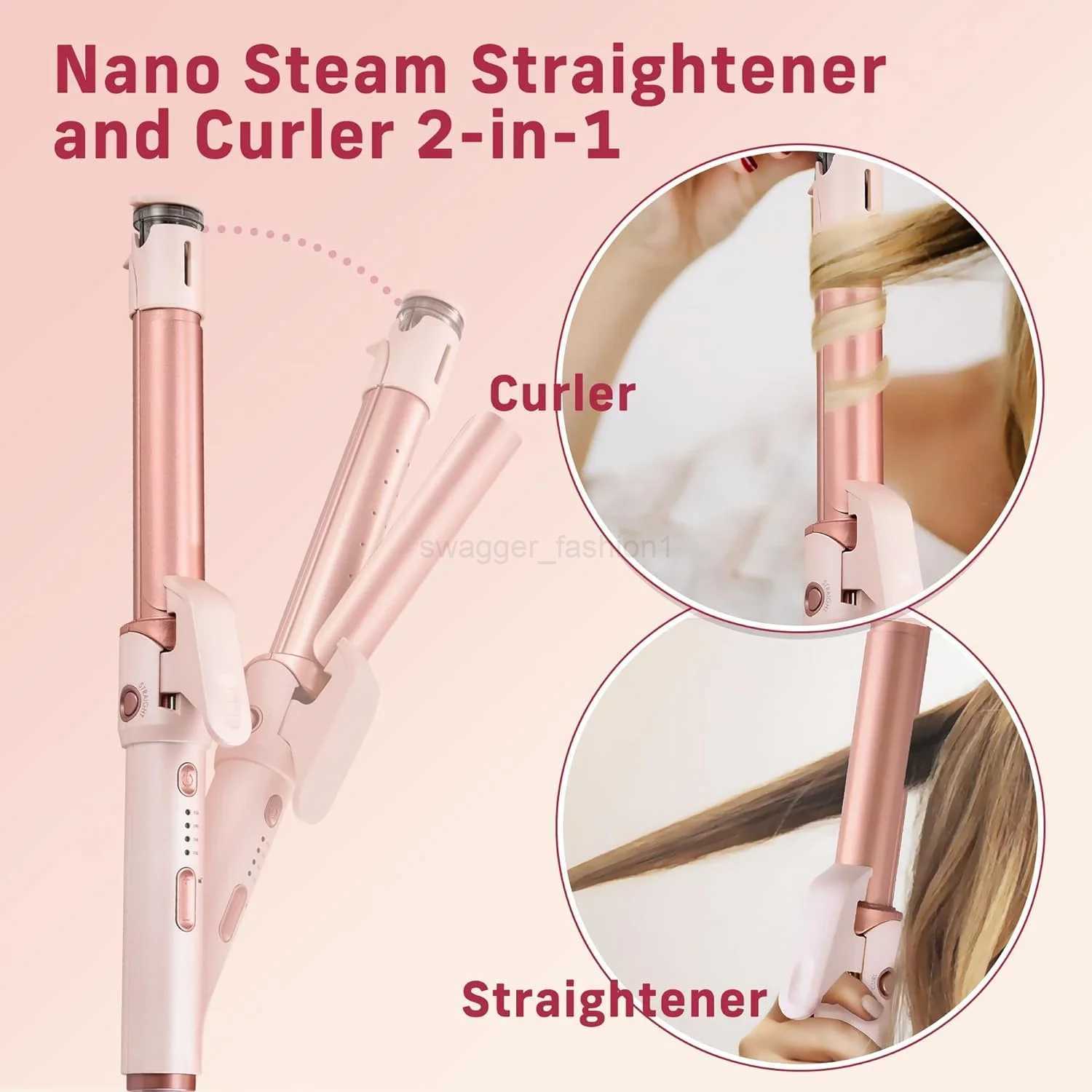 Professional 2-in-1 Ceramic Hair Curling Wand with Steam Hair Straightener 1 Curler Iron infused with Negative Ions for SilkyB240719
