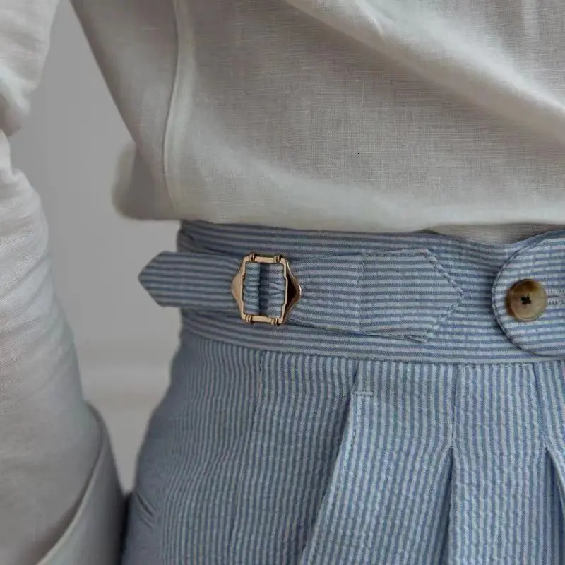 Italian Style Naples Suit Pants Men Blue Stripes Seersucker High Waist Paris Buckle Trouser Fashion England Business Casual Pant 240715
