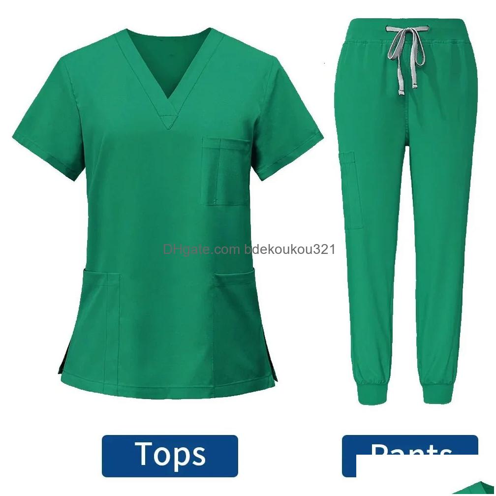 Women'S Two Piece Pants Anti Wrinkle Washable Soft Fabric Nurse Scrubs Hospital Uniform Women Jogger Sets Pair 240418 Drop Delivery A Dh90U