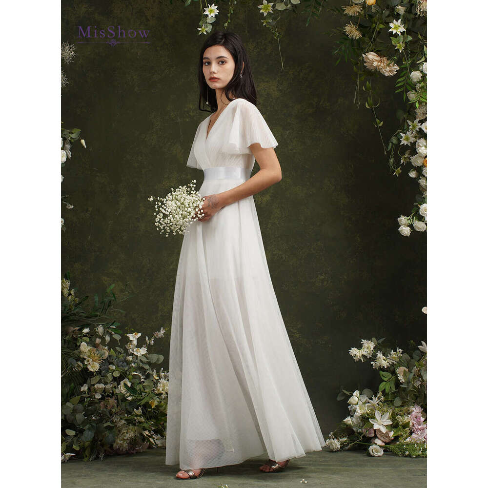 Simple Ivory Beach Dresses Women A-Line Puffer Short Sleeve V-Neck Tulle Backless Bridal Wedding Evening Party Gowns New
