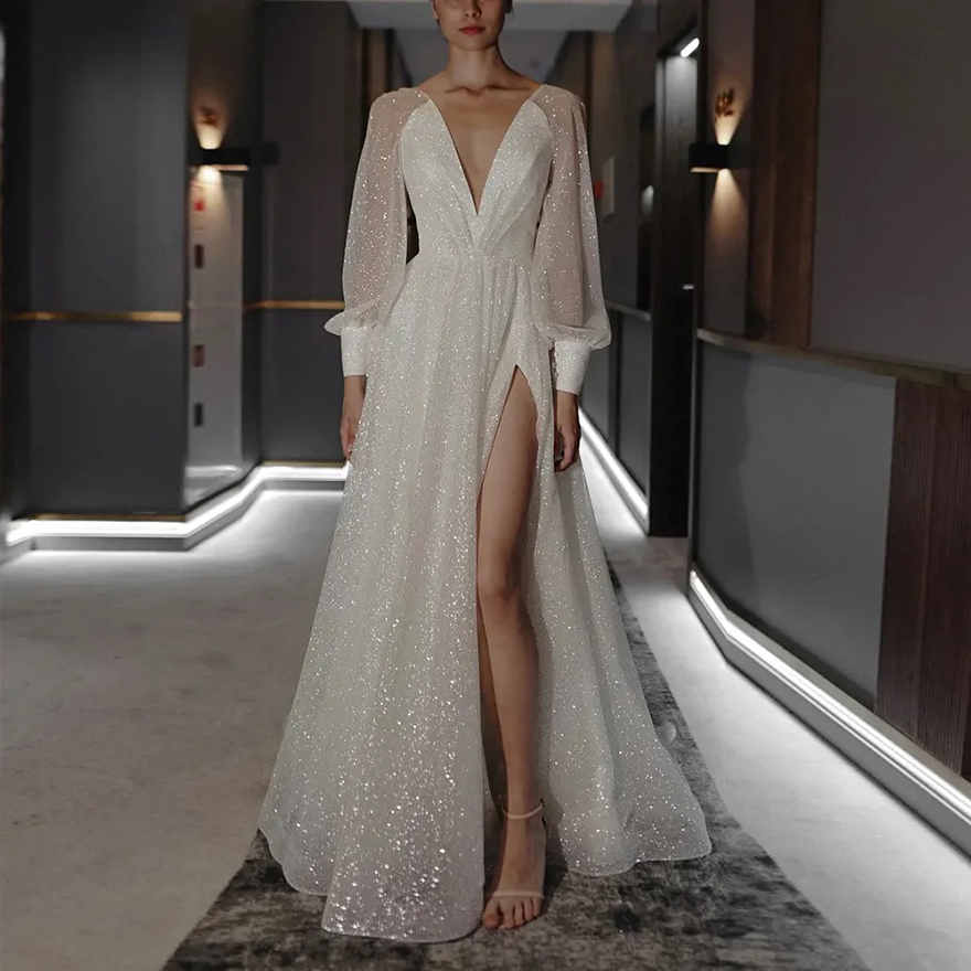 Shiny Glittler Bohemian A e Wedding Dresses Deep V Neck Long Sleeve Bridal Gown High Side Split Beach Vestidos De Mariage