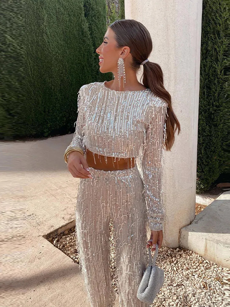 Clearance Tassel Sequin Women 2 Piece Set Spring Silver Bright Silk O-neck Crop Tops Wide Leg Pant Female Suit Fashion Lady Sets 240715
