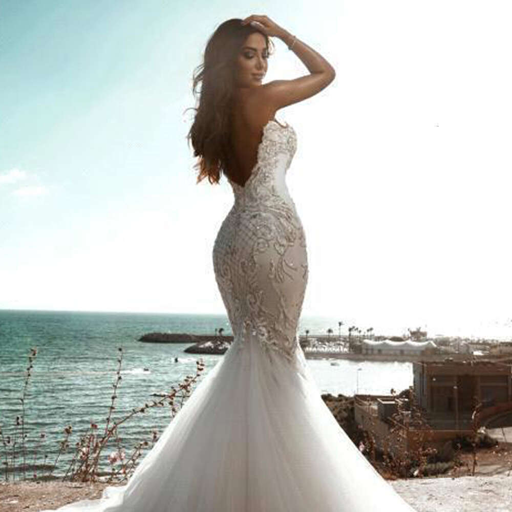 Sexy Strapless Mermaid Wedding Dresses For Women Beading Lace Sequined Appliques Tulle Sleeveless Bride Gowns Robe De Mariee
