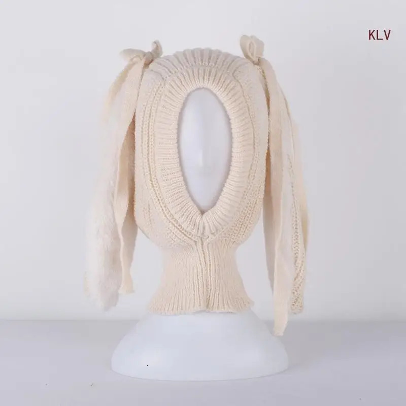 Winter Windproof Balaclava Hat Solid Color Long Rabbit Ears Bow Knit Scarf Collar Hat Earflap Bomber Hat for Women 240712