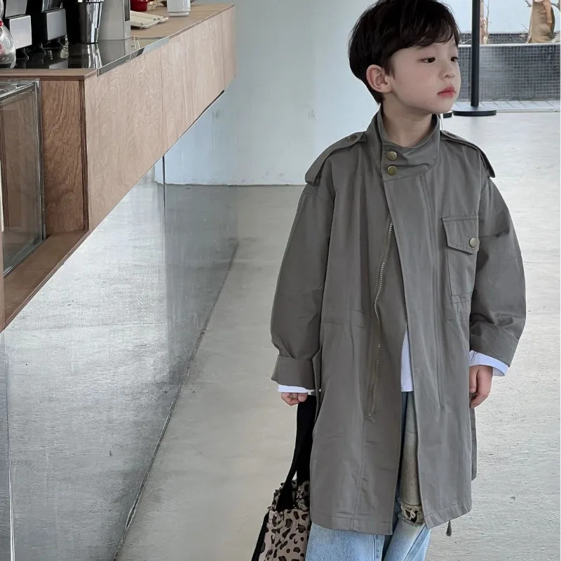Spring boys solid color Workwear style long style trench jackets children casual loose wind coats 240711