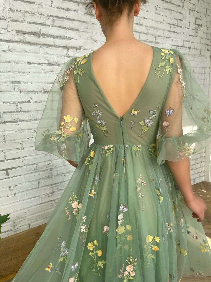 2 Styles Women's Puffy Sleeve Prom Dresses Fair Flower Embroidery Tulle Tea Length Lace Formal Evening Party Bridesmaid Gowns