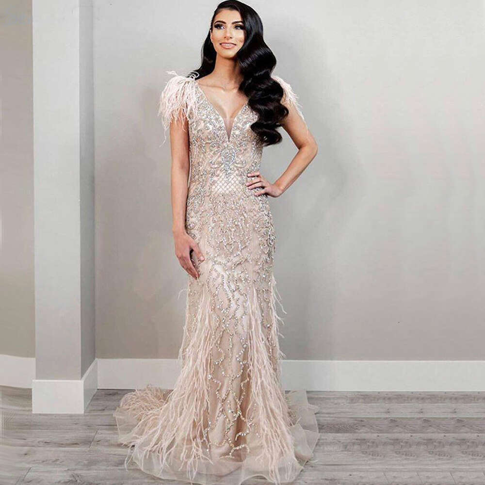 Mermaid Feathers Crystal Evening Dresses Women 2024 Dubai Beading V Neck Elegant Formal Party Prom Gowns Vestidos De Gala