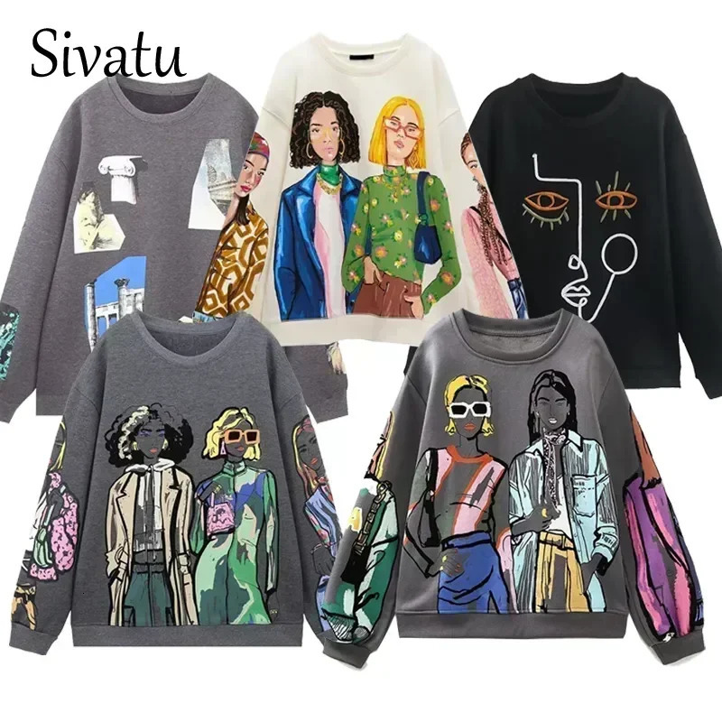 Sivatu TRAF Women Sweatshirts Fashion Beauty Girls Print Casual Female O Neck Hoodies Chic Pullovers Tops 240713