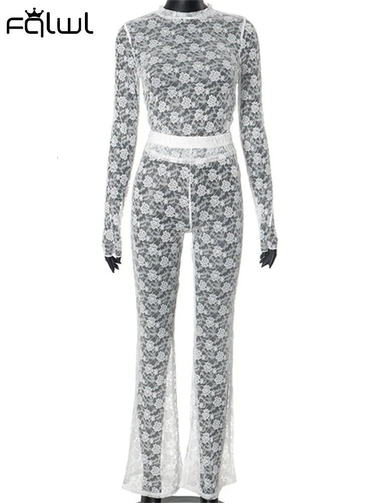 Habbris Autumn White Lace Sexy 2 Piece Sets Birthday Party For Women Long Sleeve Coquette See Through Crop Tops Pants Set 240712
