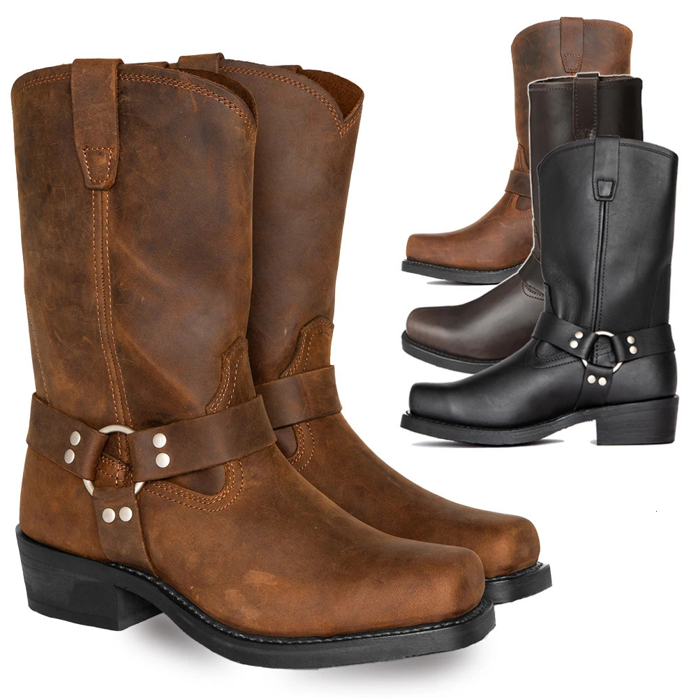 Men Cowboy Western Fashion Med Heel Shoes 4.5CM Heighten Casual Mid Calf Tall Faux Leather Square Toe Boots 240717 4