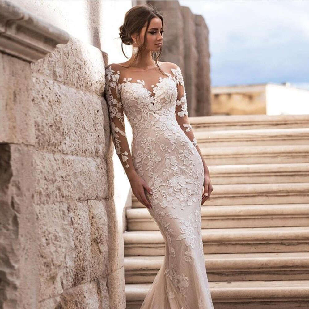 Romantic Detachable Train Mermaid Wedding Dresses Long Sleeves Bridal Gown Appliques Bride Robes Button Back Vestido De Noiva