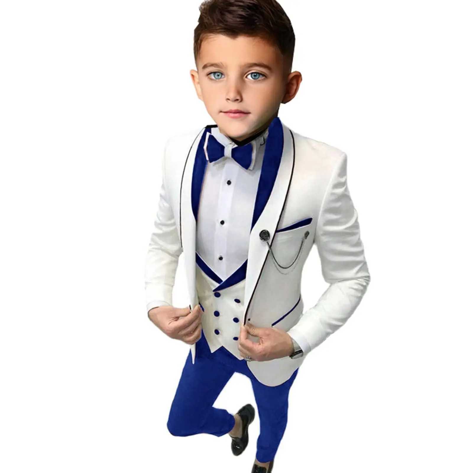 Suits Prince Boys Wedding Suit Blue Kids Vest Shirt Pants Bowtie 4PCS Photography Suit 2024 Child Birthday Ceremony Costume Set