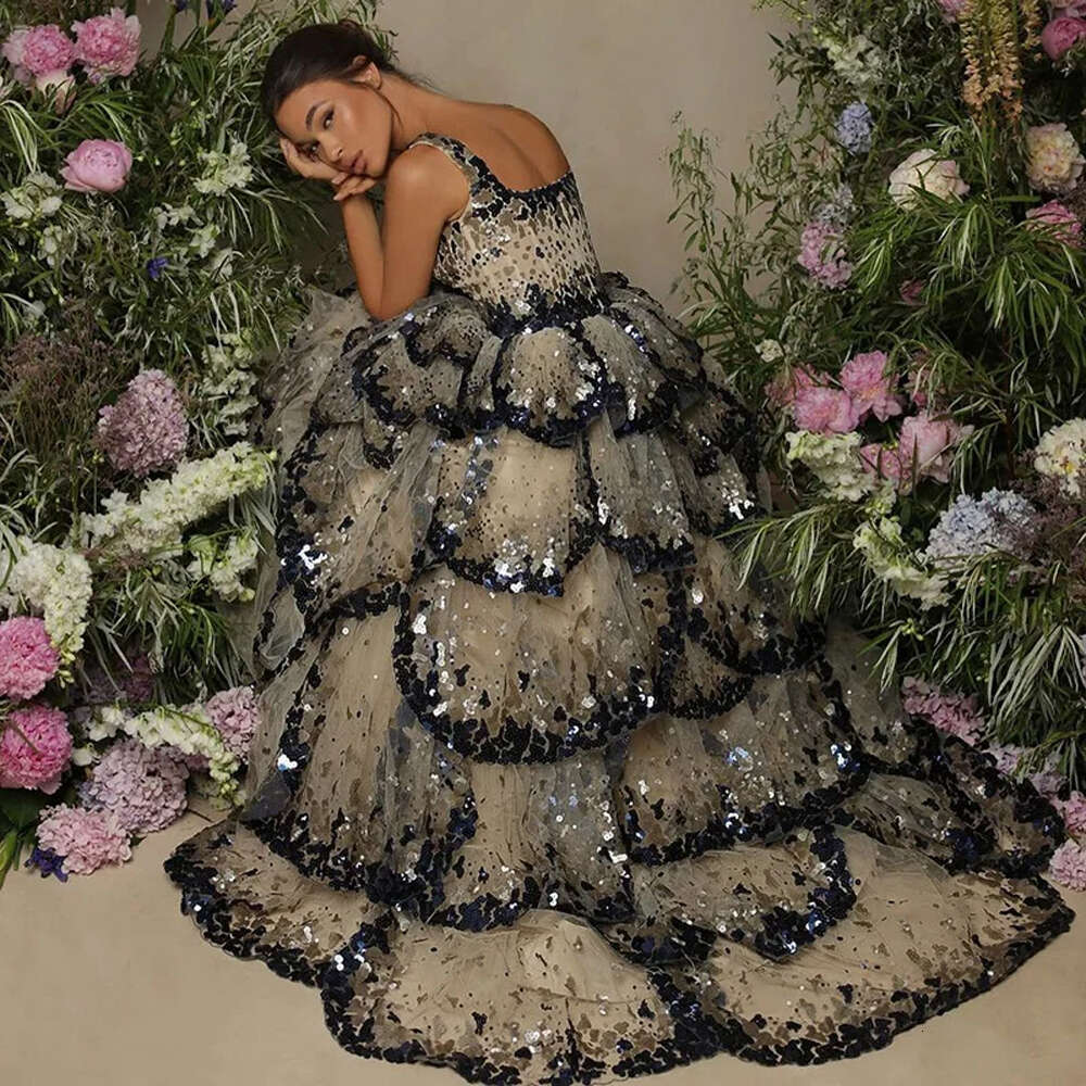 Sparkly Sequined Tiered Ruffles Evening Dresses Mermaid Arabia Square Collar Formal Party Prom Gowns Vestido De Fiesta