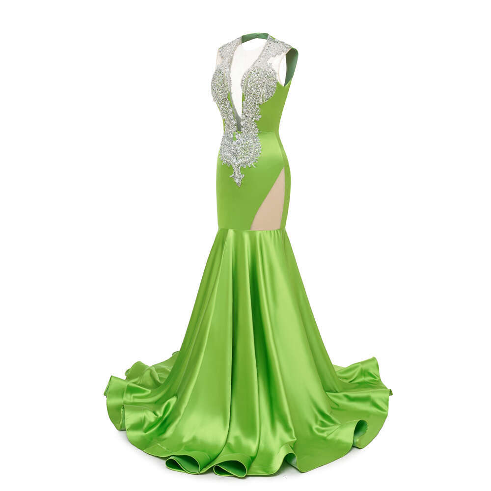 Vintage Green Satin Evening Dress Crystal Illusion Sequined Beaded Backless Cut Out V Neck Formal Party Prom Gown Robe De Soiree