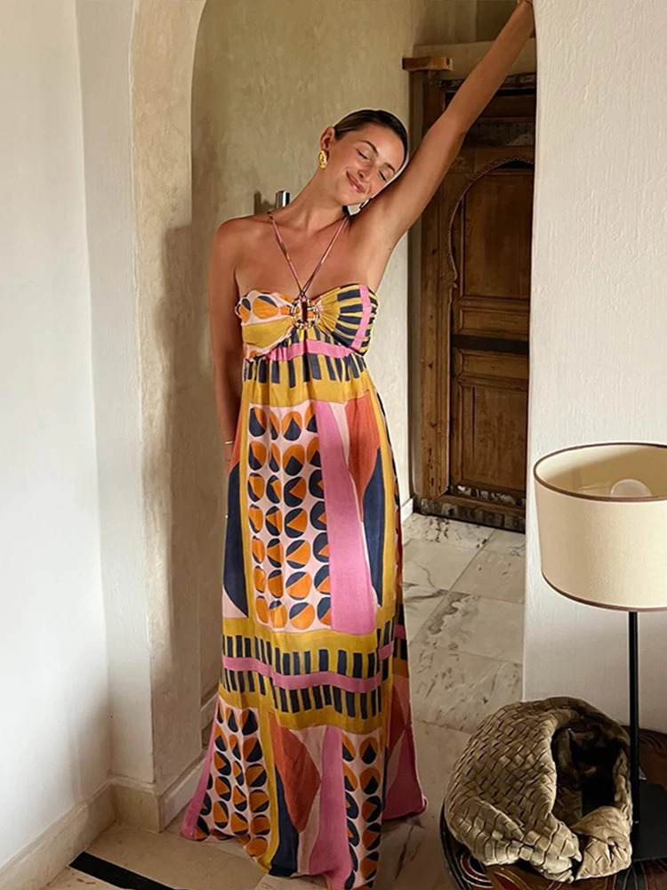 Summer Printed Halter Long Dress Women Sleeveless Backless Lace Up Empire Female Dresses 2024 Holiday Lady Fashion Robes 240716