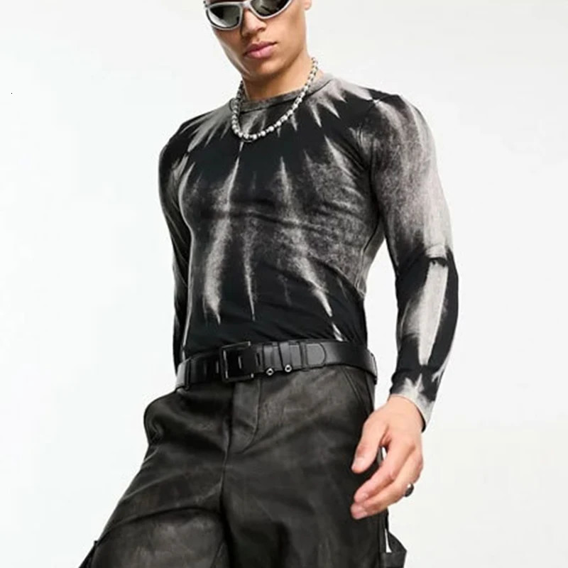 Fashion Mens T Shirts Streetwear Fall Long Sleeve O Neck Stretch Slim Fitting Basic Tops Men Y2K Style Printed T-shirt 240716