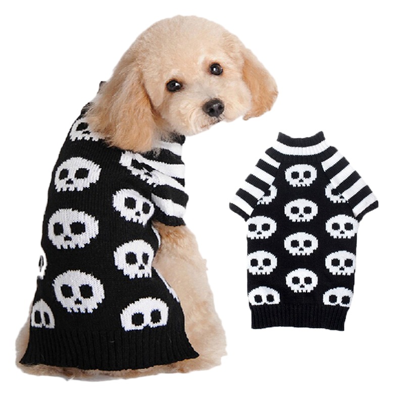 Spooky Skull Striped Sleeve Cat Costume Halloween - Comfy Knitted Pet Sweater For Your Furry Friend