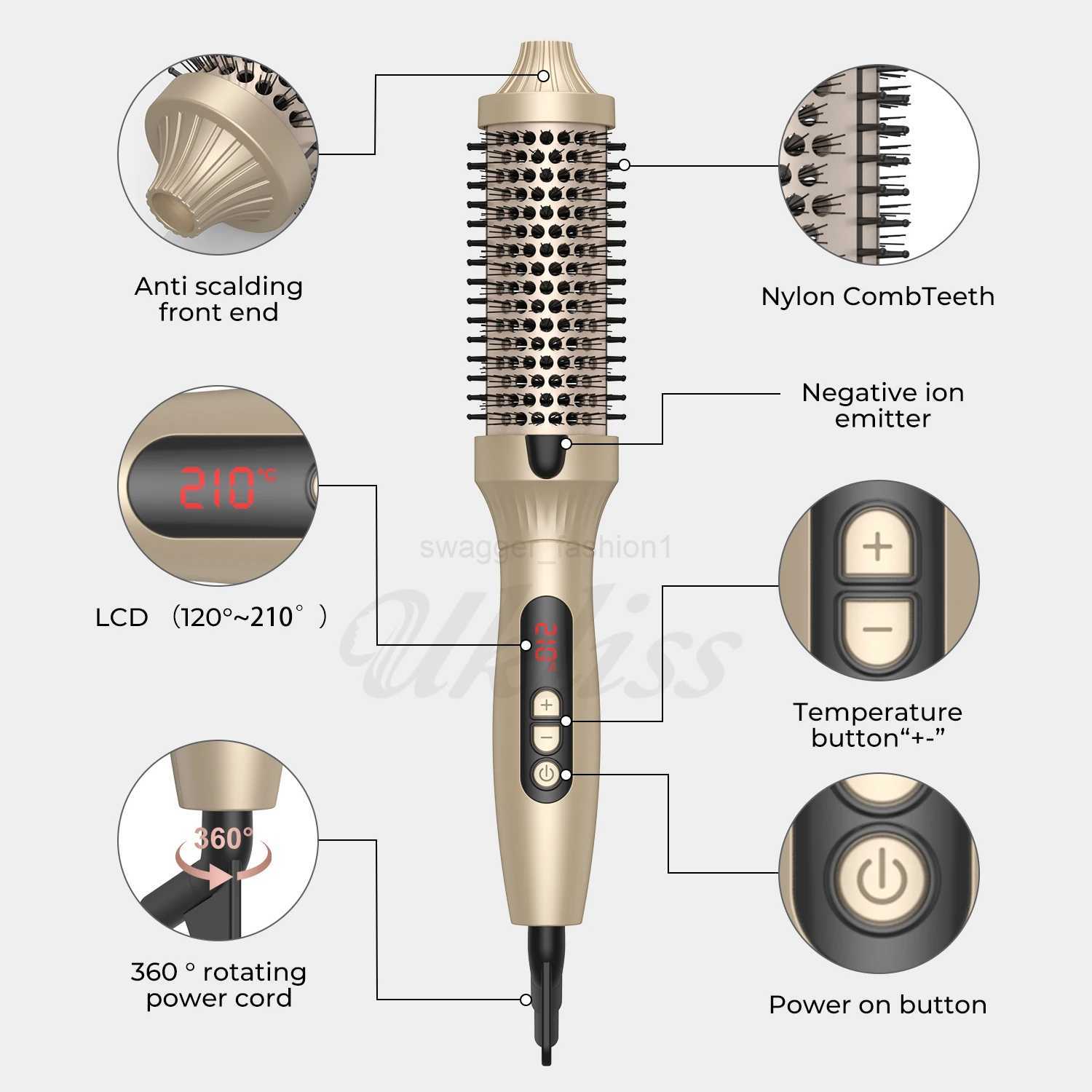 1.5 in Thermal Brush 10 Temps Curling Brush Heated Curling Iron Double PTC Ceramic Hair Curler Volumizing Brush CombB240719