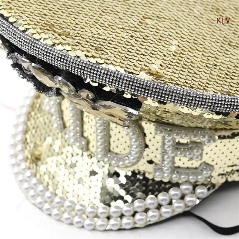 Hand Beaded Sequins Captain Hat Shimmering Crystal Hat for Bride Wedding Props Encrusted Layers Pearls Bride Costume 6XDA 240712