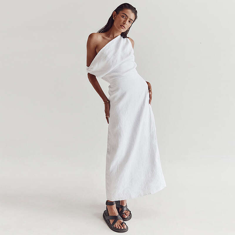 Australian Niche Dissh Linen Dress with Asymmetrical and Sexy One Shoulder Long Skirt Temperament Sexy Waist Short SKINNY DRESS Silk Dress