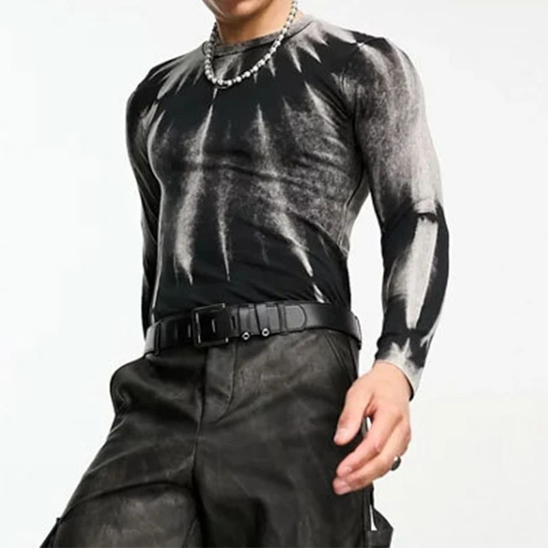 Fashion Mens T Shirts Streetwear Fall Long Sleeve O Neck Stretch Slim Fitting Basic Tops Men Y2K Style Printed T-shirt 240716