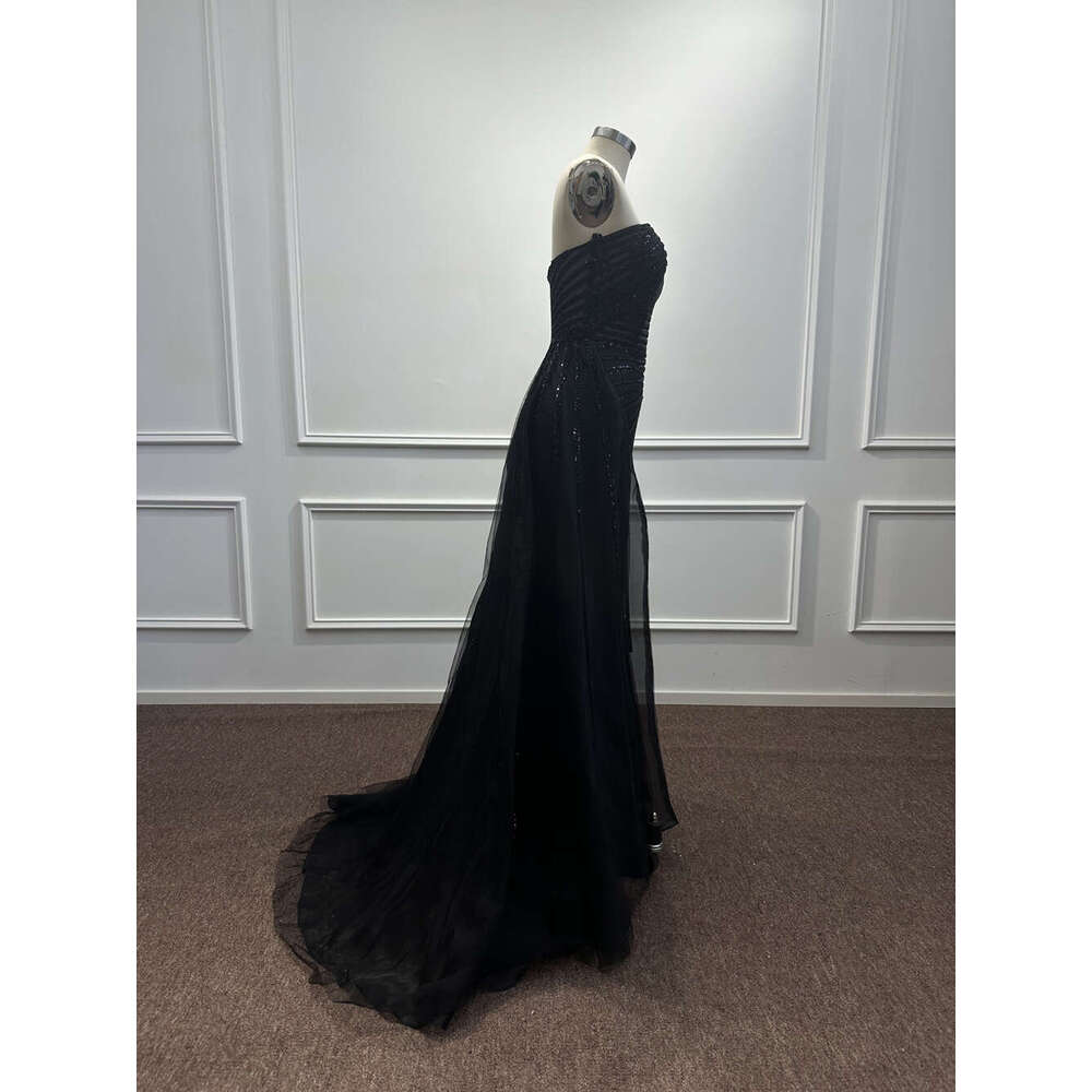 Mermaid Black Sequined Beading Evening Dresses One Shoulder High Split Arabic Formal Party Prom Gowns Vestidos De Fiesta