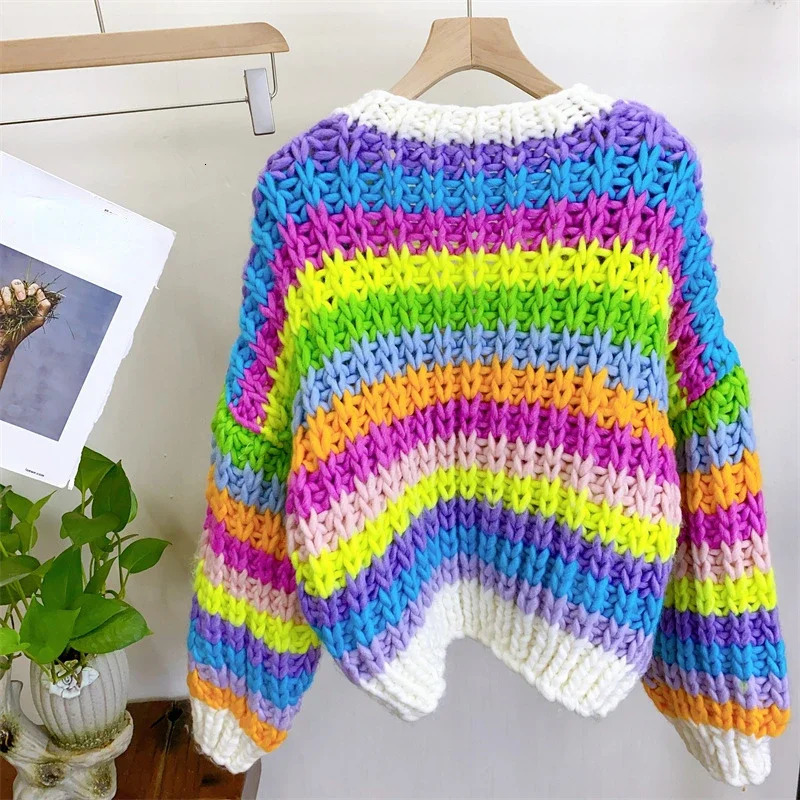 Women Handmade Rainbow Colorful Warm Chunky Knit Bulky Cardigan Autumn Winter In 240717