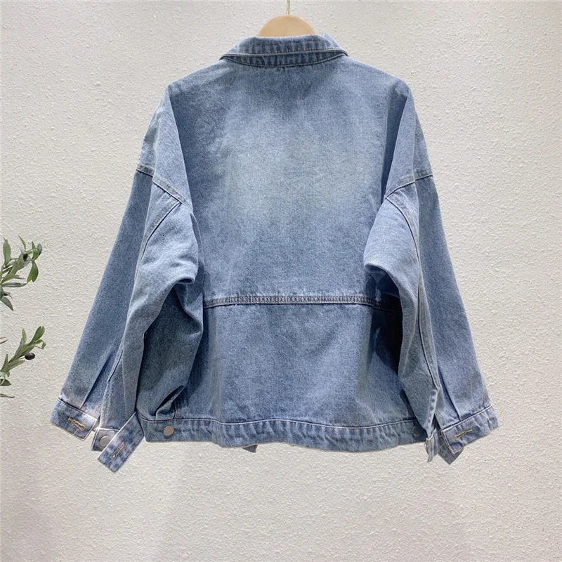 Spring Denim Jacket Women Heavy Industry Diamond Studded Bead Disc Buckle Loose Jeans Coat Clothes Vintage 240717