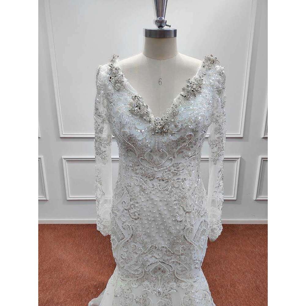 Mermaid Wedding Dresses Beaded Pearls Soft Tulle Sequined Crystal V Neck Bridal Formal Evening Prom Gown Vestido De Novia