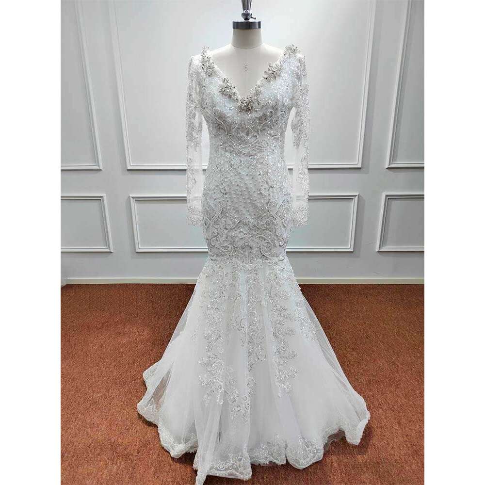 Mermaid Wedding Dresses Beaded Pearls Soft Tulle Sequined Crystal V Neck Bridal Formal Evening Prom Gown Vestido De Novia