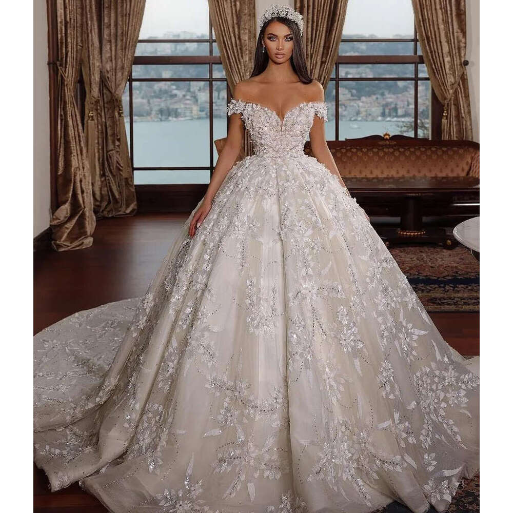 Ball Gown Wedding Dresses Sexy Off Shouler Sweetheart Applique Lace Bridal Gowns Custom Made Sweep Train Vestido De Novia 0719