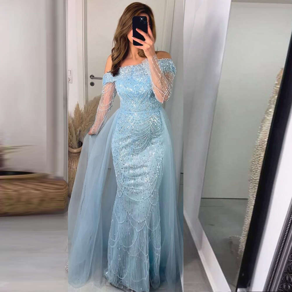 Gorgeous Blue Sequined Evening Dresses For Women Mermaid Dubai Boat Neck Beaded Arabic Vestidos Formal Party Gowns
