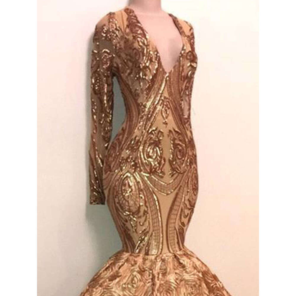 Long Sleeves Gold Evening Dress For Women Appliques Sparkly Sequined Mermaid Flare Flowers Sexy Deep V Neck Prom Gown Vestidos