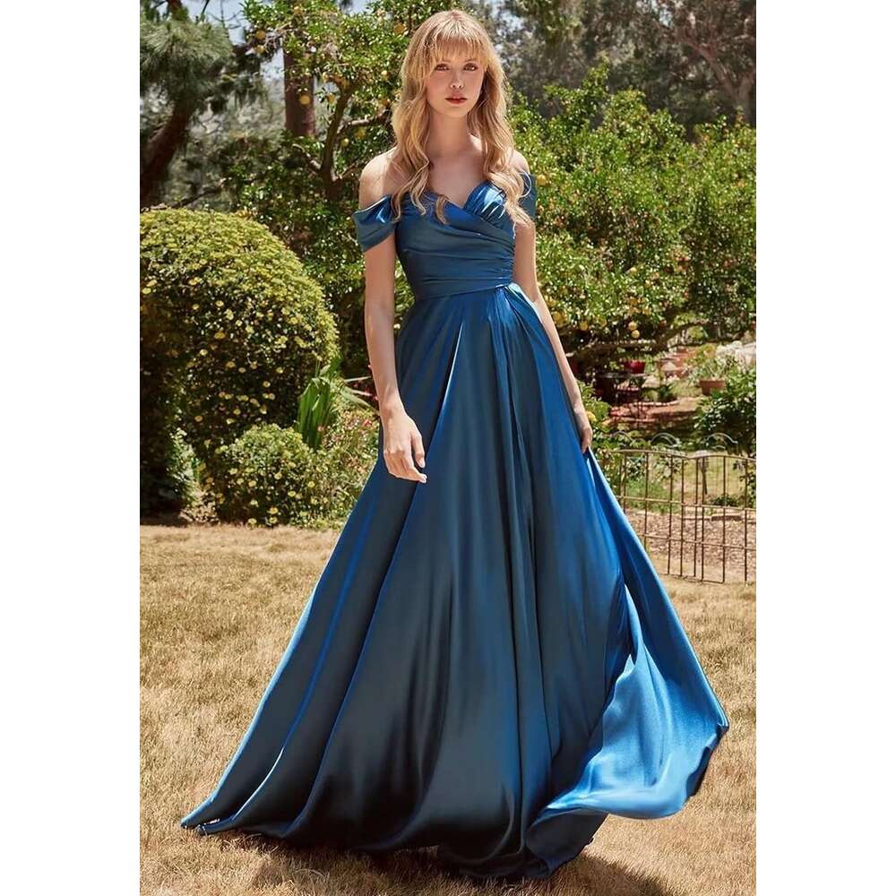 GDYBAO Women's Off The Shoulder Bridesmaid Dresses For Wedding With Slit Long Pleated Satin Prom Dress A-E Evening Gowns 0213