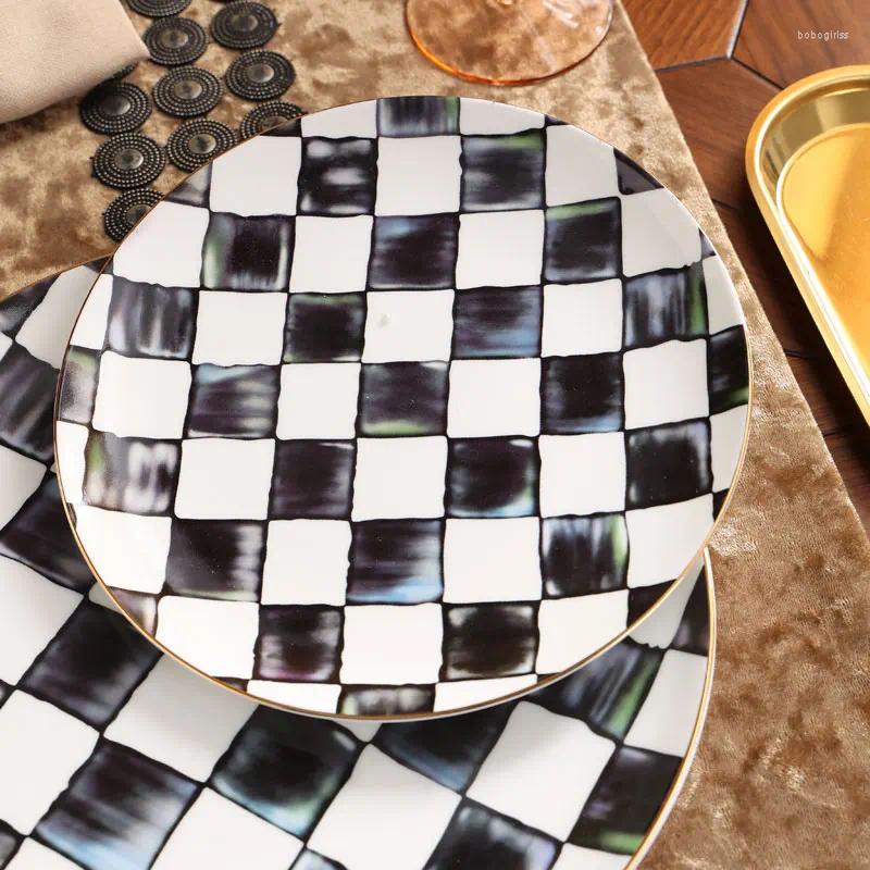 Plates 3Pcs Vintage Checkerboard Bone China Set 6Inch 8Inch 10Inch Porcelain Dinner Serving Dishes Kitchen Restaurant Dinnerware B5