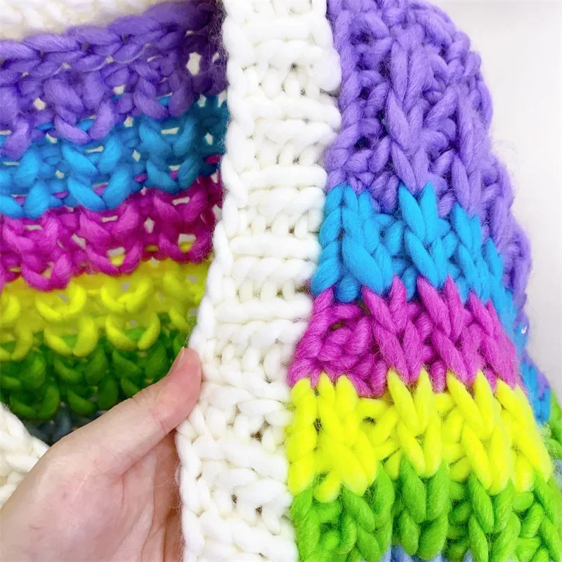 Women Handmade Rainbow Colorful Warm Chunky Knit Bulky Cardigan Autumn Winter In 240717