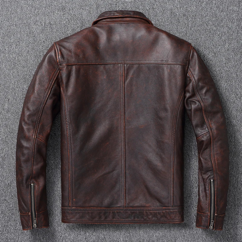 Vintage Brown Red Genuine Leather Jacket Men 100% Cowhide Natural Leather Jackets Man Leather Autumn Clothing Coat Cow Jacket 240715